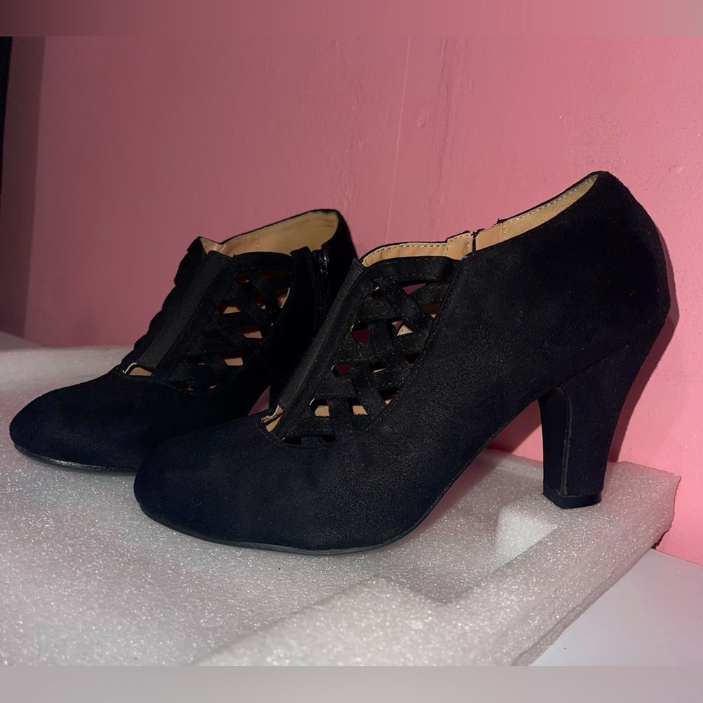 Black Suede Zip up heels with Lattice Print